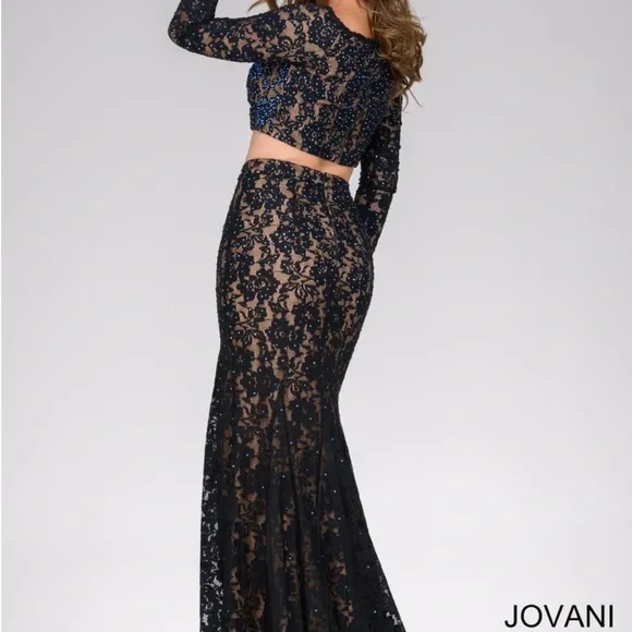 chinese dress ladies Jovani 43859 Strapless Black Lace Evening Gown with Ruched Satin Accen  B  Chic Fashions